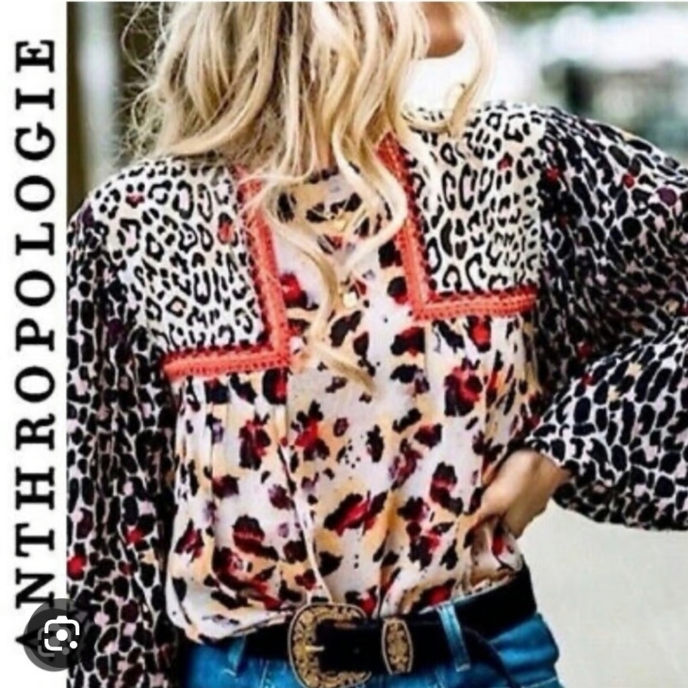 Anthropologie Bl^nk London JOELLE Leopard Print Peasant Blouse Sz S
